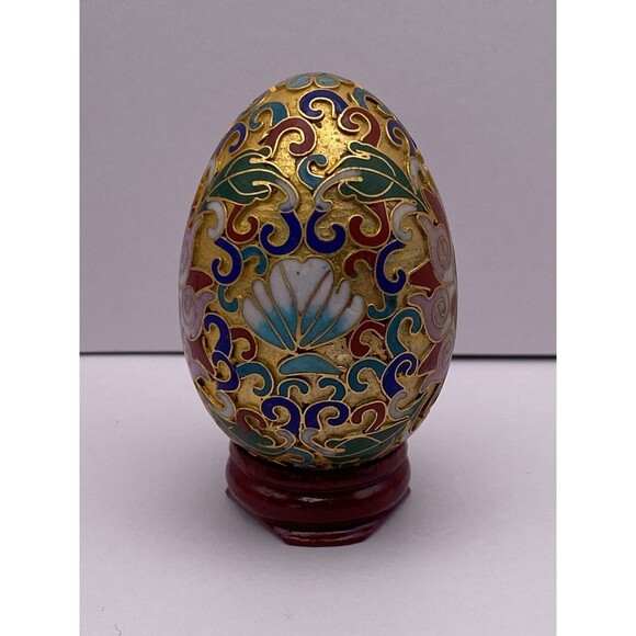 Very Rare Chinese Gold Cloisonne Egg with Wood Stand EnamelVintage